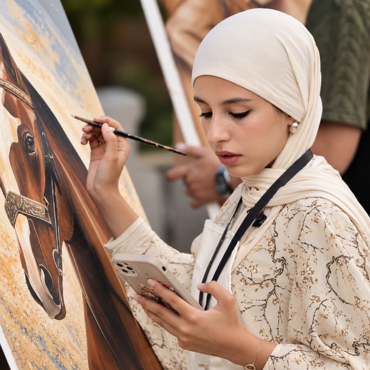Aïcha Mouak painting the head of a brown horse with an ornate bridle, holding a brush in one hand and her phone in the other.