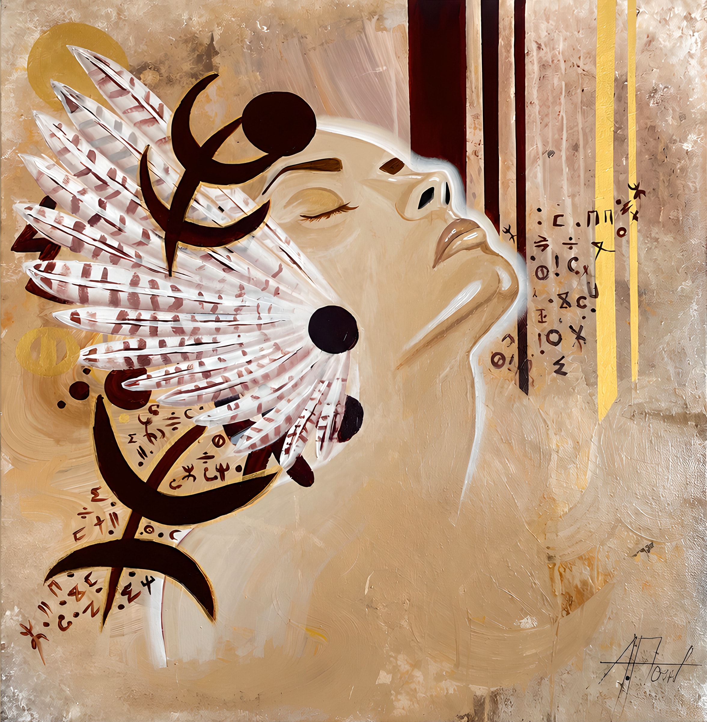 Amazigh Soul, acrylic on canvas, 90 × 90 cm. A woman's face in profile with closed eyes, framed by striped feathers, Amazigh symbols and Tifinagh letters, with burgundy and gold vertical bands on a warm beige ground.