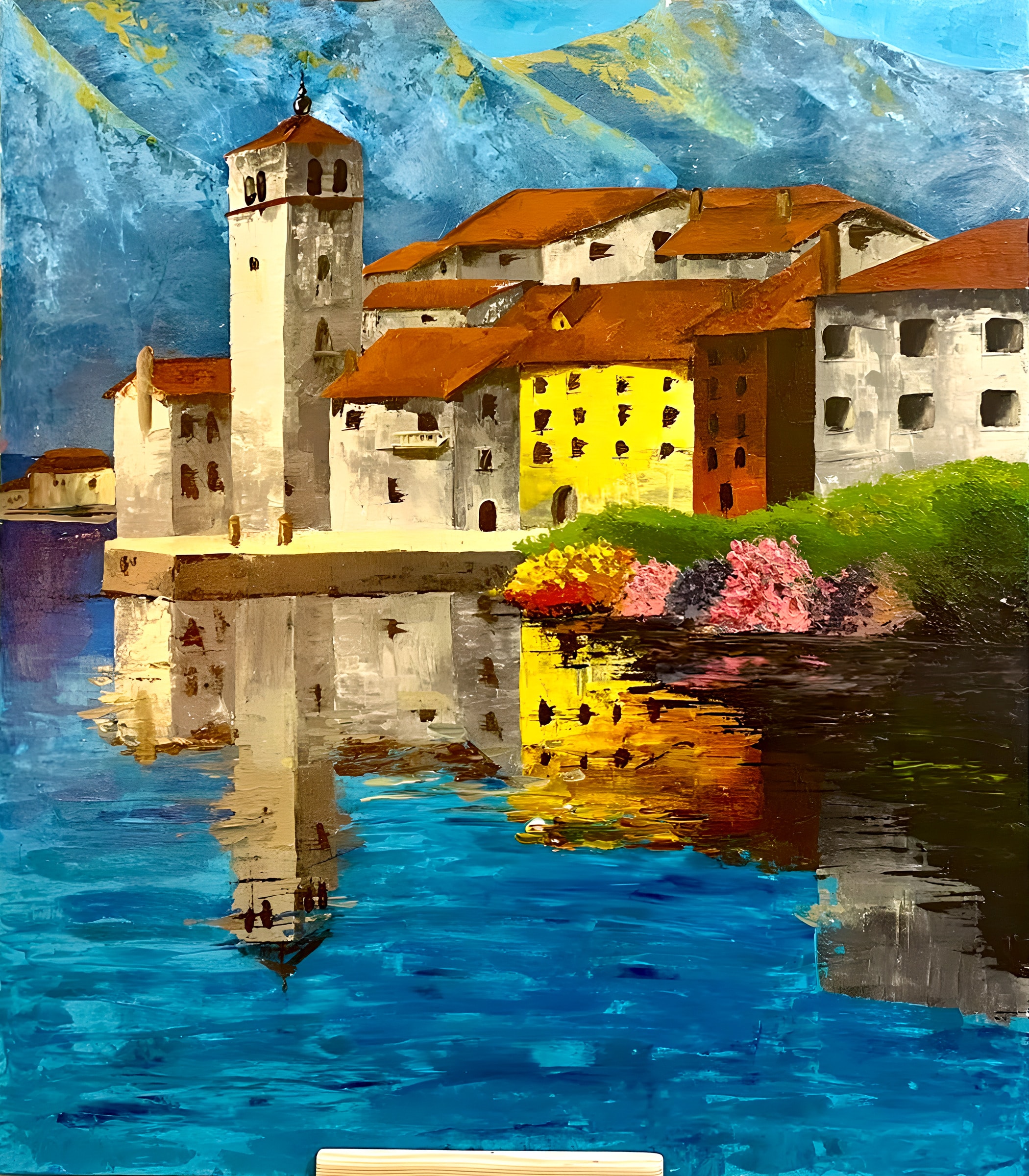 The Blue Land, 70 × 80 cm. A lakeside village with a bell tower and terracotta roofs under blue mountains, mirrored in deep blue water.