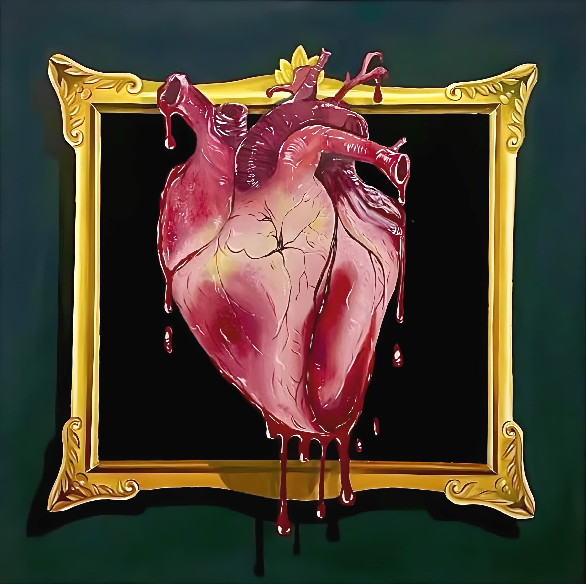 The Pulse of the Soul, 90 × 90 cm. An anatomical heart in deep reds and pinks, dripping onto a painted gold baroque frame that seems to hold it, on a dark green ground.