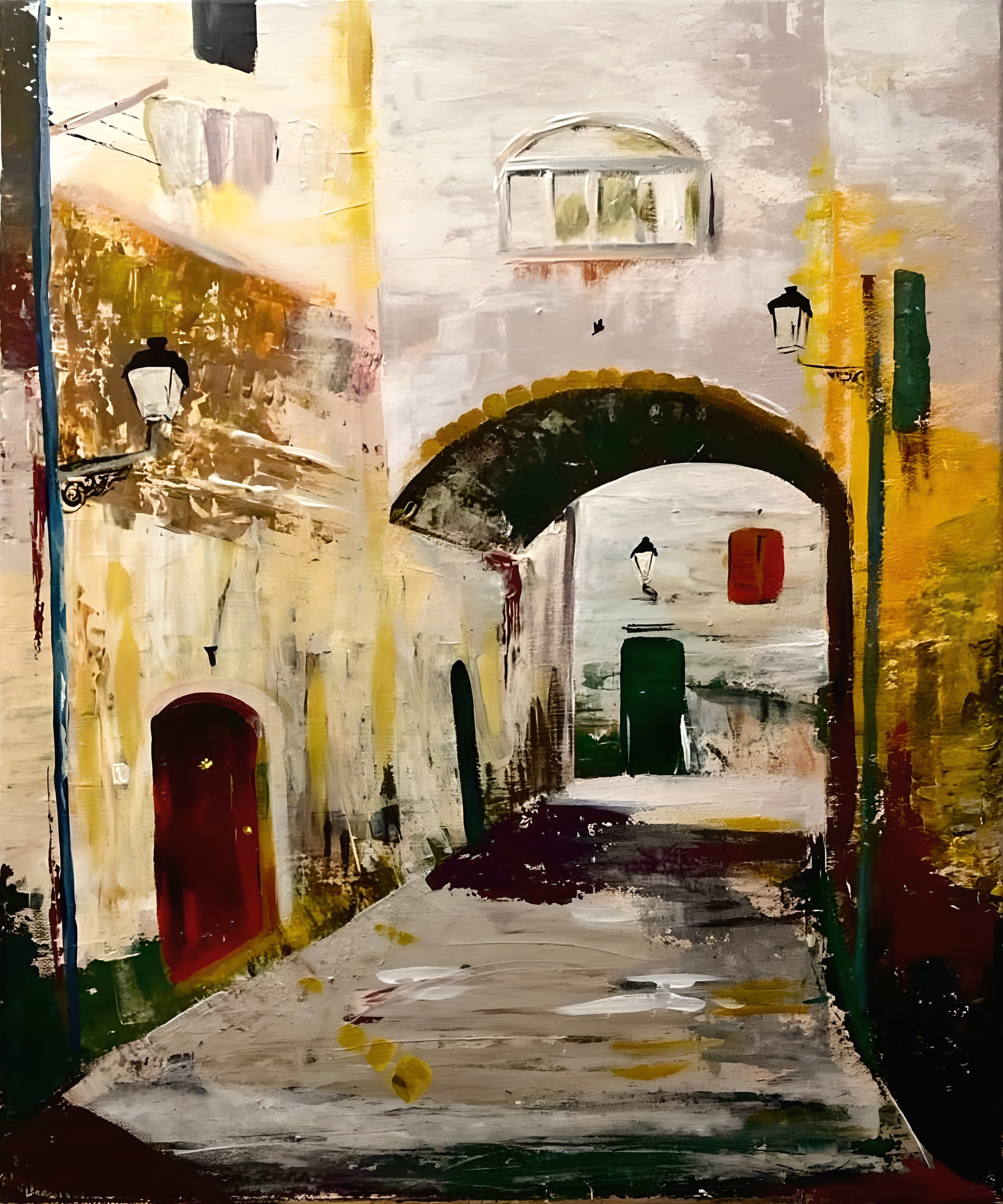 The Silent Alley, 50 × 60 cm. A narrow alley under a dark stone arch, with old lanterns, a red door and a green door in the light beyond.