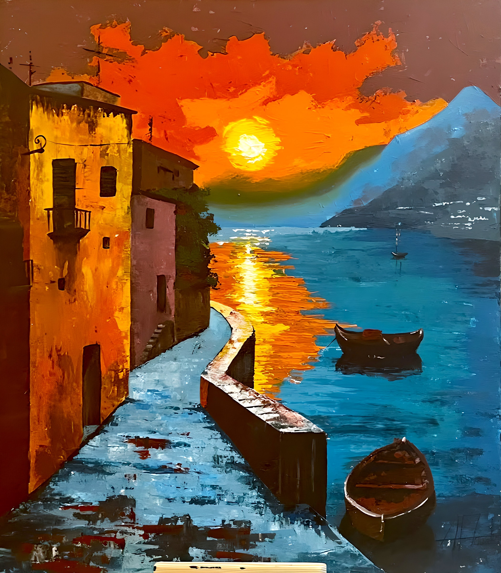 Where the Sun Meets the Sea, 70 × 80 cm. An orange sunset over a blue lake, seen from a narrow path between ochre houses, with two wooden boats.